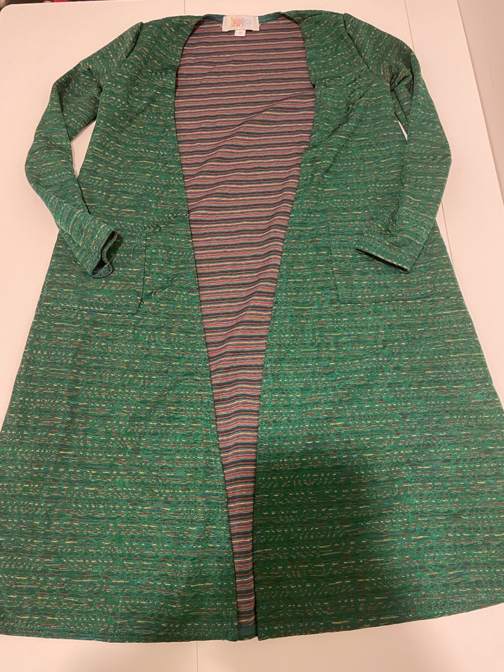 LuLaRoe Brand Girl's size 8 Sariah Style Duster Sweater Green Heathered Print